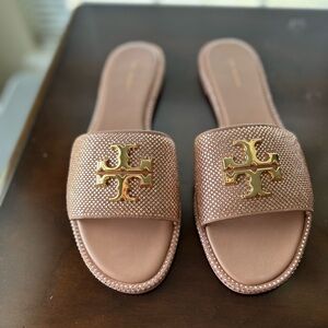 Tory Burch Gold Logo/ muted pink Slide Sandals with Crystal Embellishments